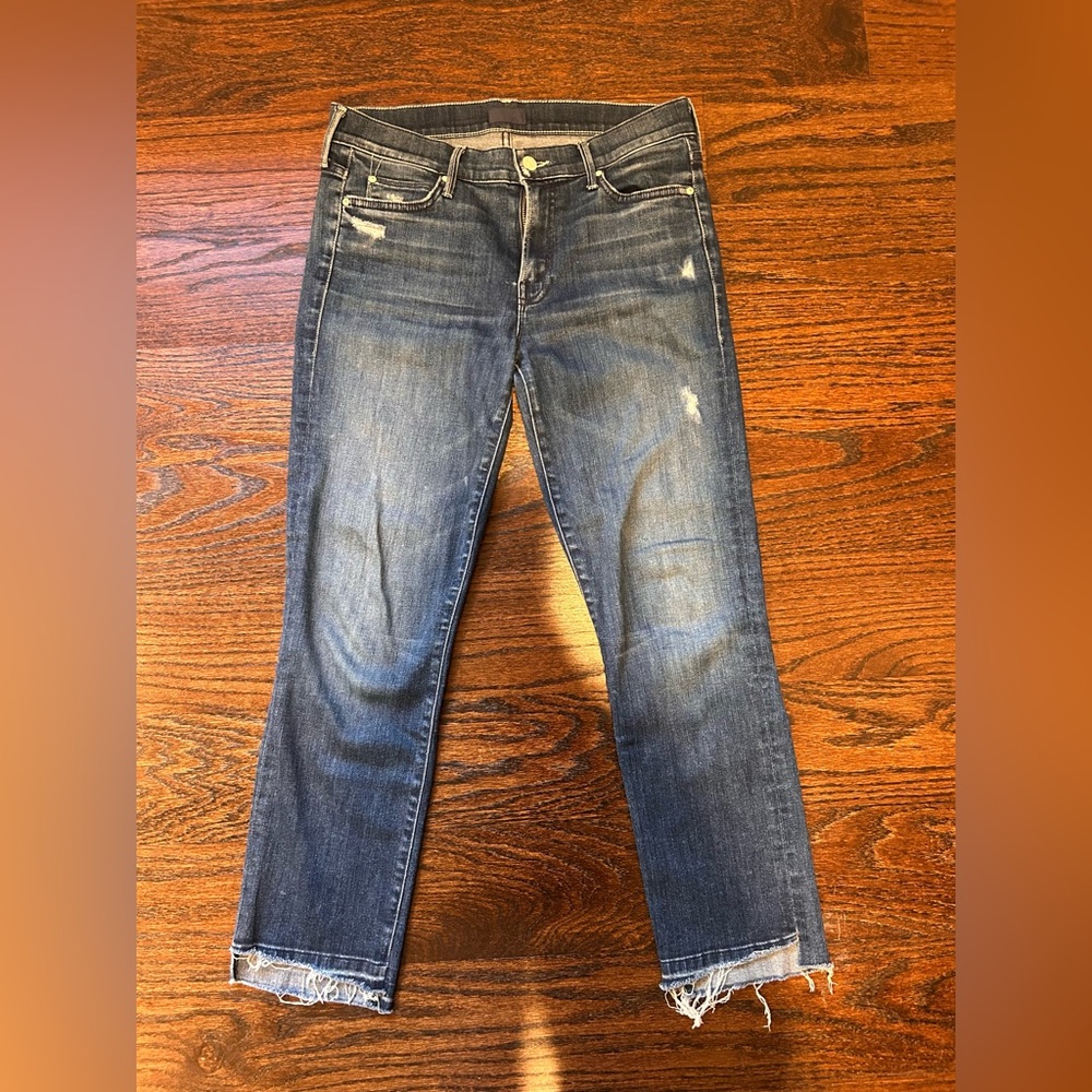 MOTHER The Rascal Undone Step Fray in Dark Graffiti Distressed Denim Size 28